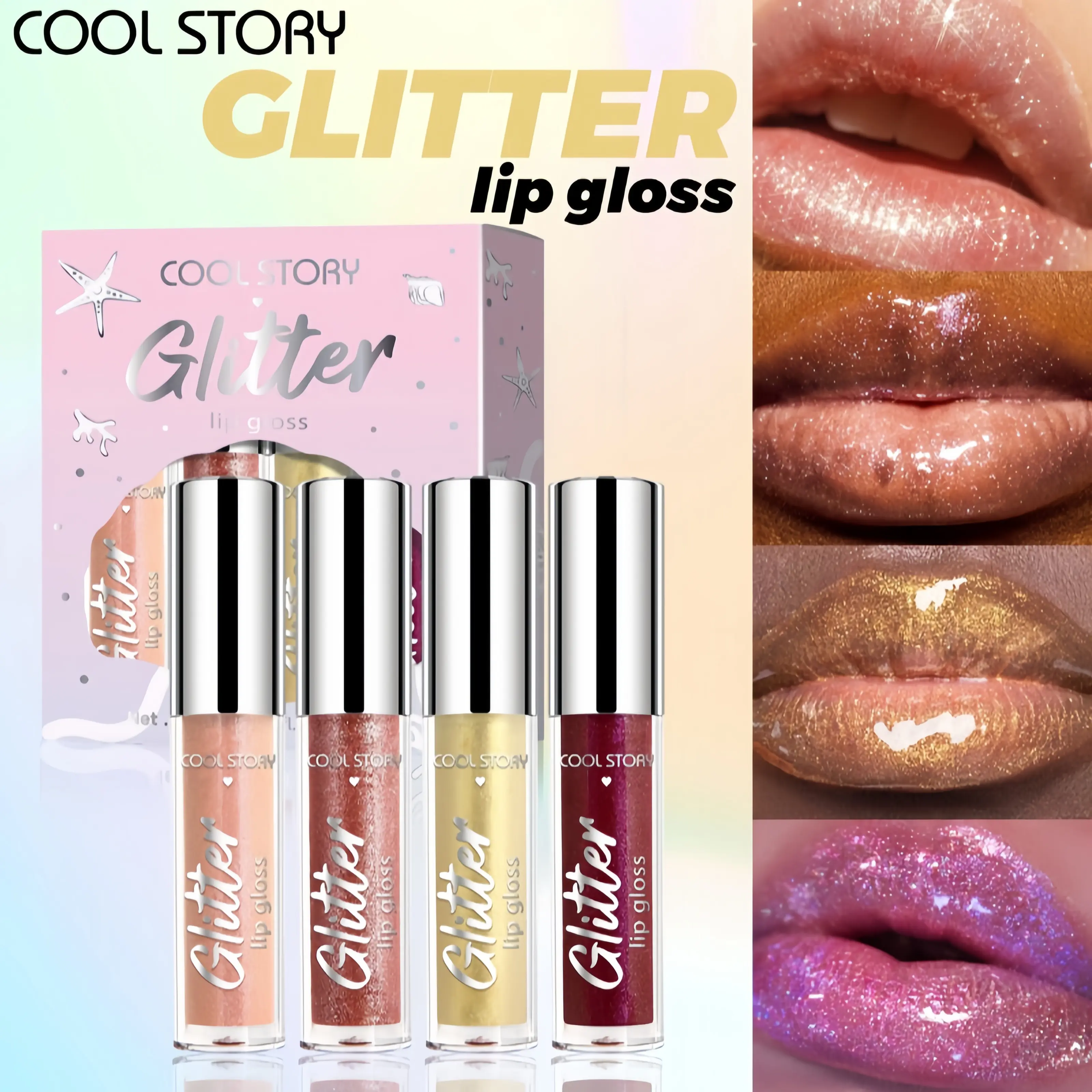 Cool Story  Glitter Lip Gloss Set, Metallic Shimmer Liquid Lipstick, High Pigment Sparkly Lip Oil, Long Lasting Moisturizing Lip Makeup