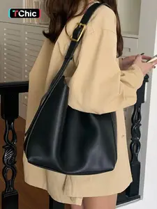 Women's Solid Color Tote Bag, PU Tote Satchel, Fashionable Large Capacity Shoulder Bag for Daily Used, Casual Trendy Versatile High-quality Daily Commuting Bag, Casual Commuter Bag
