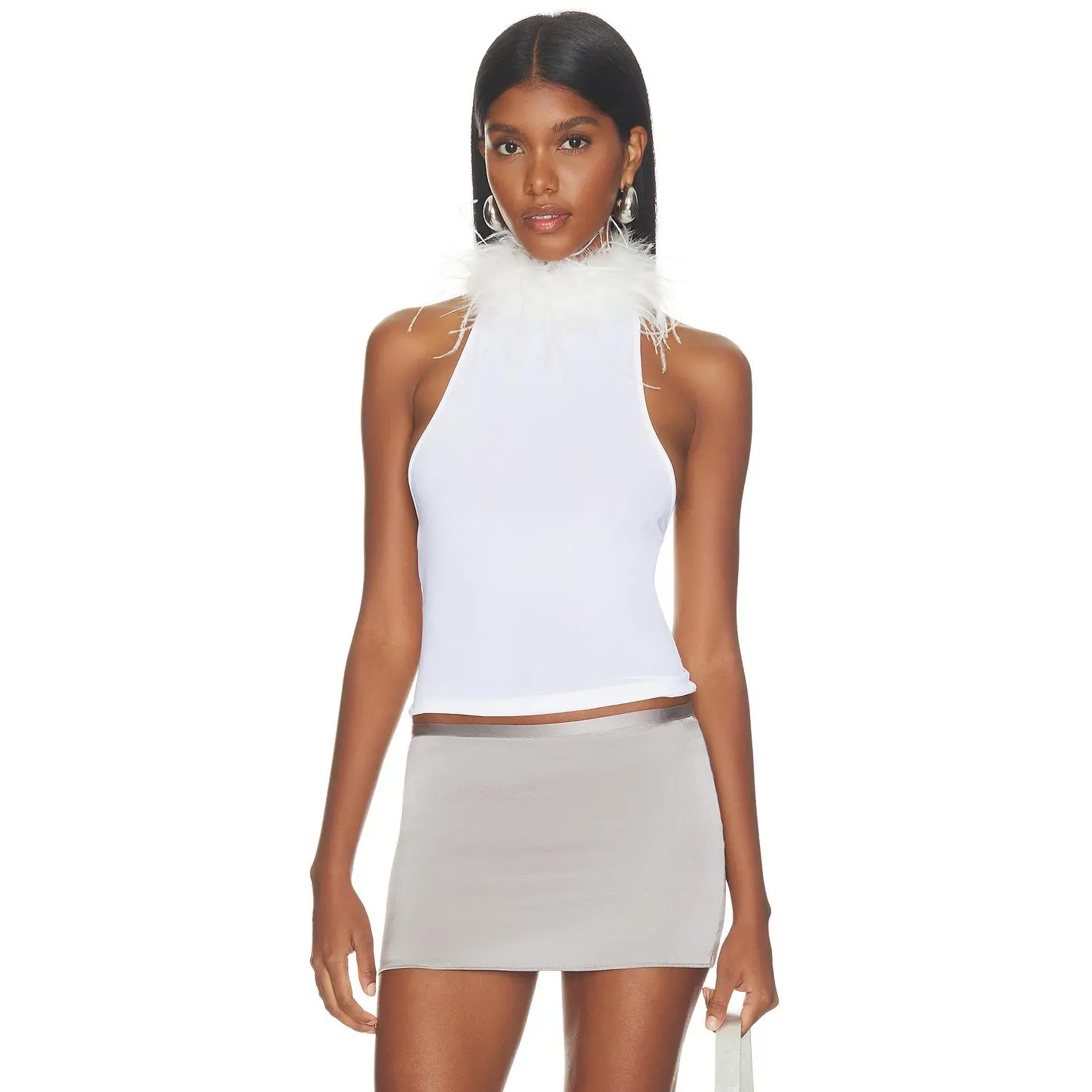 1XBLUE White Feather Choker Tank in White