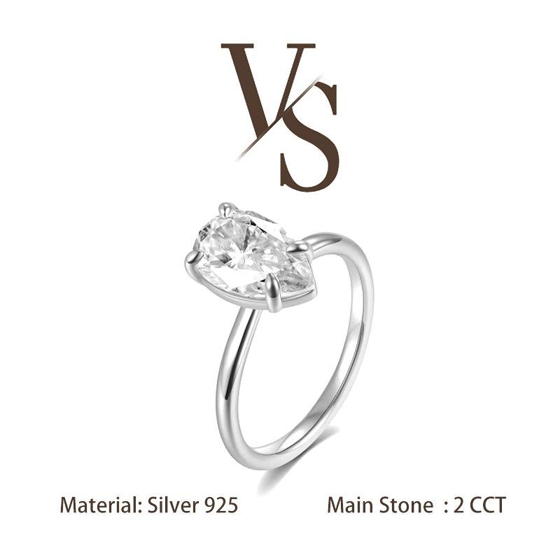 [Venus Jewelry] Synthetic Moissanite 2 CCT Pear Shape Solitare Design VVS 1 D Color Solid Silver 925 Solitare Ring