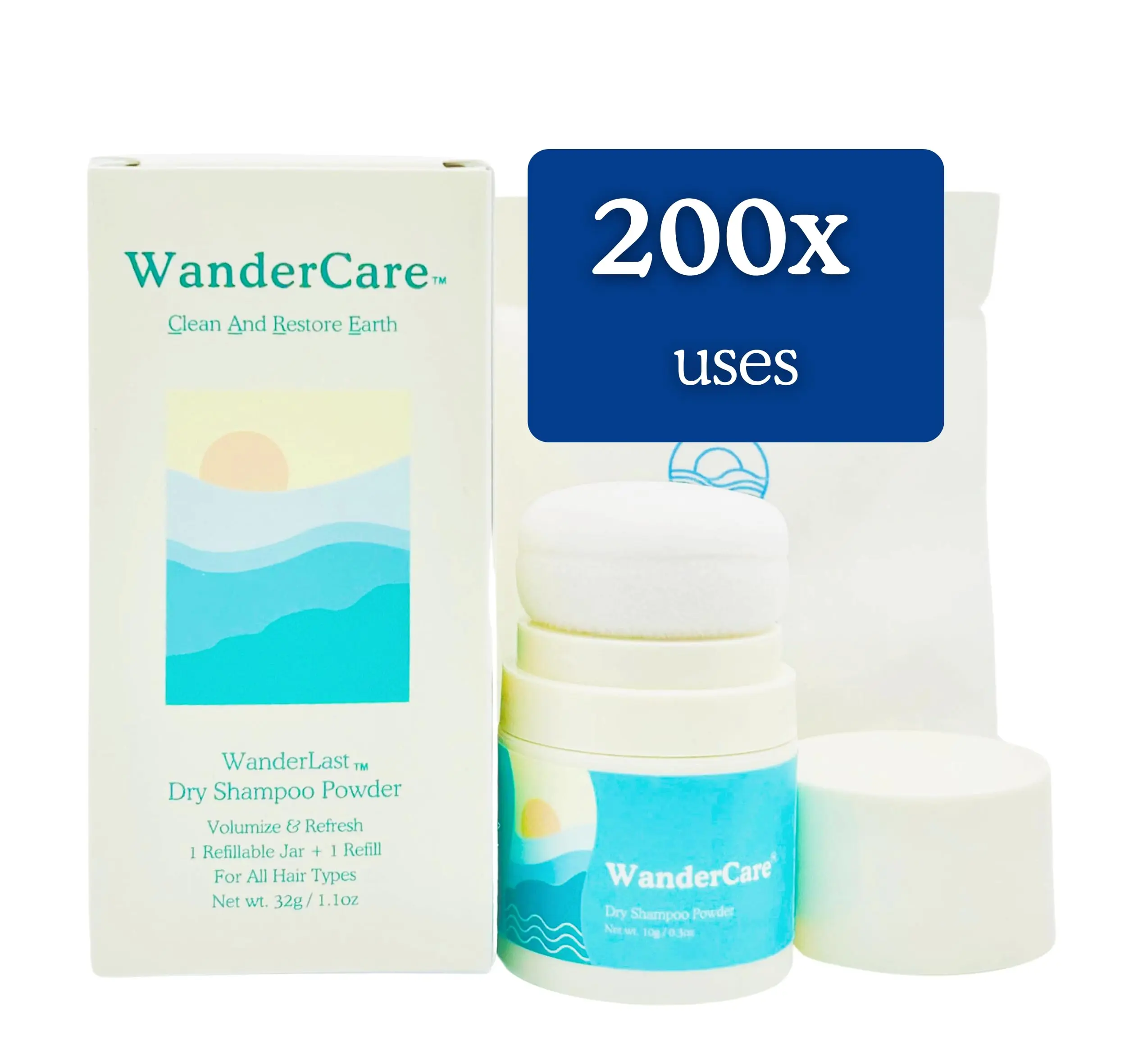 WanderCare Dry Shampoo Volume Powder + 1 Refill | Natural, Eco, Travel Size | USA-Made | Non-Aerosol | All Hair Types | Refreshes, Volumizes | Up to 200 uses