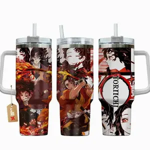 [Sip40 Otaku] Yoriichi Tsugikuni 40oz Tumbler With Handle – Demon Slayer Anime Stainless Steel Travel Mug, Sun Breathing Swordsman Insulated Cup, Manga Iced Coffee Tumbler, Otaku Gift for Anime & Gaming Fans