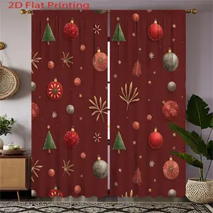 2D Flat, 2pcs Festive Christmas Curtains - Maroon with Red & Green Ornaments, Snowflakes & Pine Trees Design, Semi-Transparent Polyester Fabric, Rod Pocket for Easy Hanging, Perfect for Living Room & Bedroom Holiday Decor