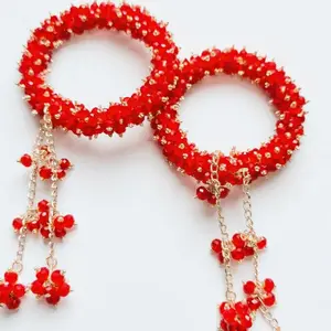 Handmade Red Beaded Charm Bracelets - Cute Beaded Dangle Bracelets, Elegant Red Crystal Wristband, Gift for Girls