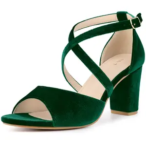 BLISSFUL STEP Cross Strap Velvet Block Heel Sandals for Women