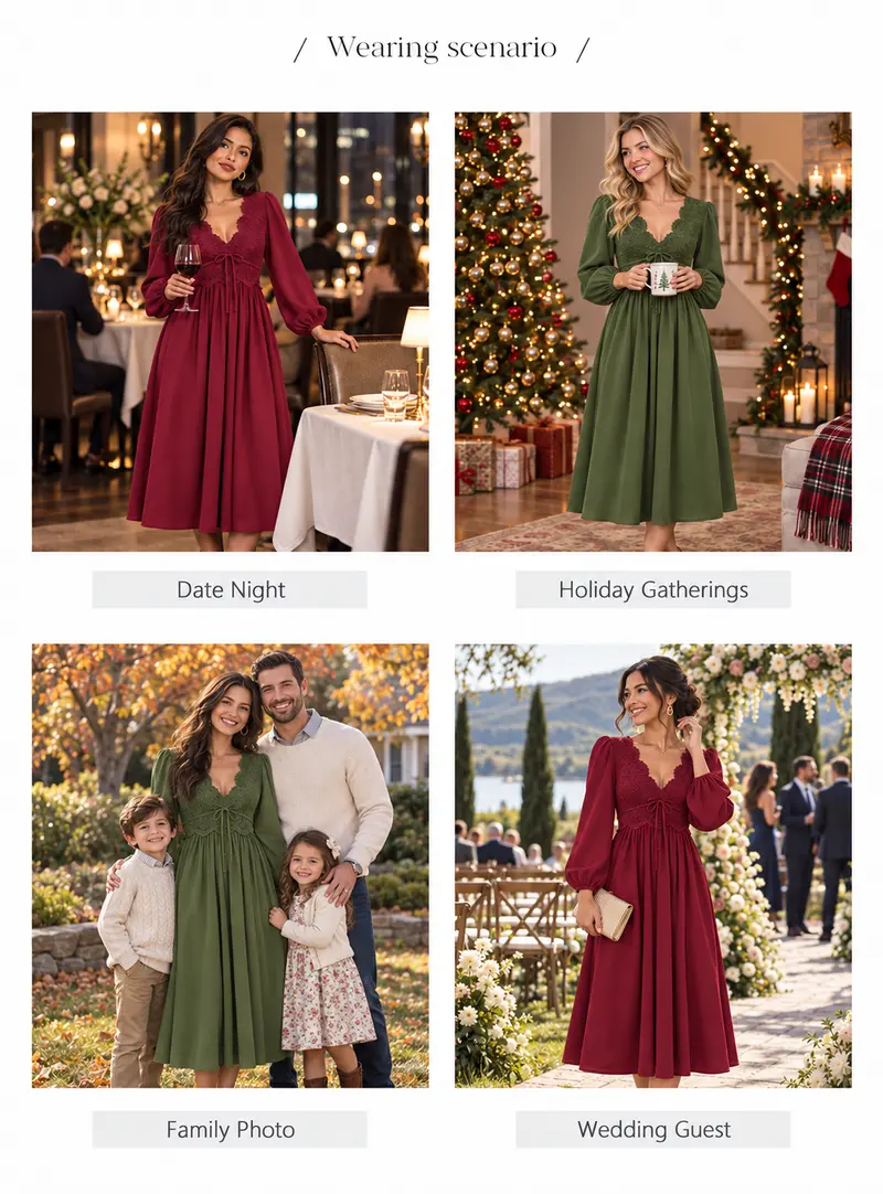 Chicovar Women's Boho Lace V-Neck Drawstring Waist Puff Long Sleeve Flowy A-Line Dress with Pockets - Tummy Friendly, Non-Scratchy Lace, Elegant Womens Dresses for Fall Wedding Guest, Vacation, Elegant Dresses For Women