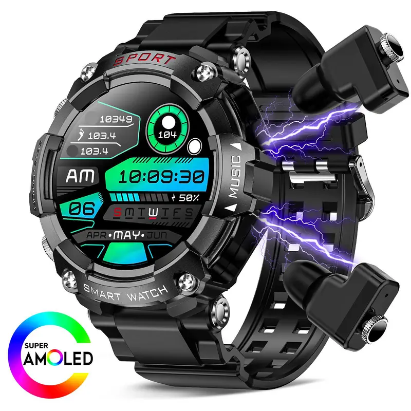 JELLOO Men's Smart Watch with Detachable Plastic Earbuds, 1.52" HD Screen, 400mAh Battery, Magnetic Charging, Music Player, Call & Message Answer Function, Wearable Device Gift for Men