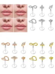 6pcs/set 16G Lip Piercing Retainer Lip Labret Studs for Unisex Plastic Clear Earrings for Sports, Work, School, Surgery Lip and Ear Piercing Jewelry for Helix Tragus Lip Medusa Monroe with Heart Flower Multi Element Piercing Retainer Piercing Accessories