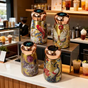 Chinese-Chic Stainless Steel Vacuum Insulated Cup Double-Wall 10 oz Leak-Proof Hot Cold Retention Office Gym Travel Elegant Durable 304 Stainless Steel Portable Artistic Sturdy Battery-Free Temp Display