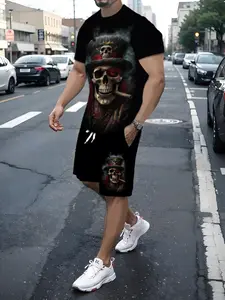 Men's Two-Piece Casual Set, Skull Print Round Neck Short Sleeve Top and Shorts, Fitted Regular Length, Ideal for Daily Wear and Travel