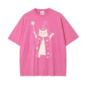 Wizard Cat with Star Wand Vintage S~5XL Oversize Unisex Washed T-Shirt for Women and Men's Unisex Fit Batik Cotton Oversize Streetwear Menswear  Super Soft Pre-Shrunk