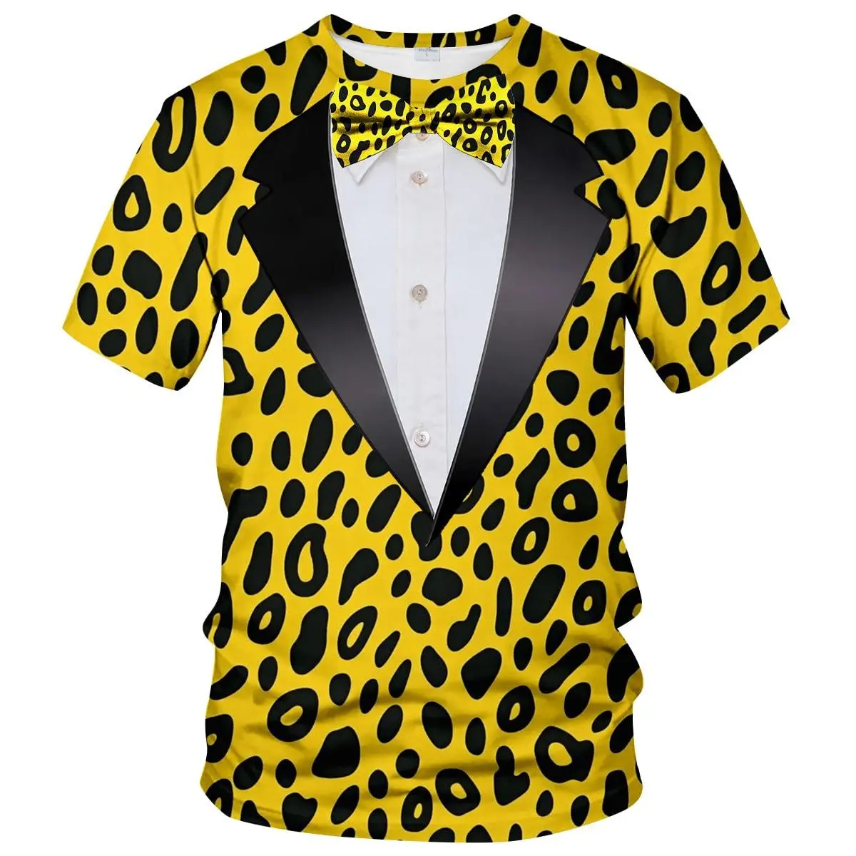 Unisex Yellow Leopard Print Tuxedo Costume T - Shirt, Fake Bow Tie & Black Lapel Design, Ideal for Halloween Theme Parties, Cosplay Events & Casual Adult Gatherings