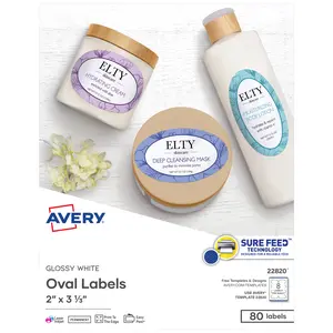 Avery Printable Oval Labels, 2" x 3-1/3", Glossy White, Laser & Inkjet Compatible, 80 Blank Labels Total (22820)
