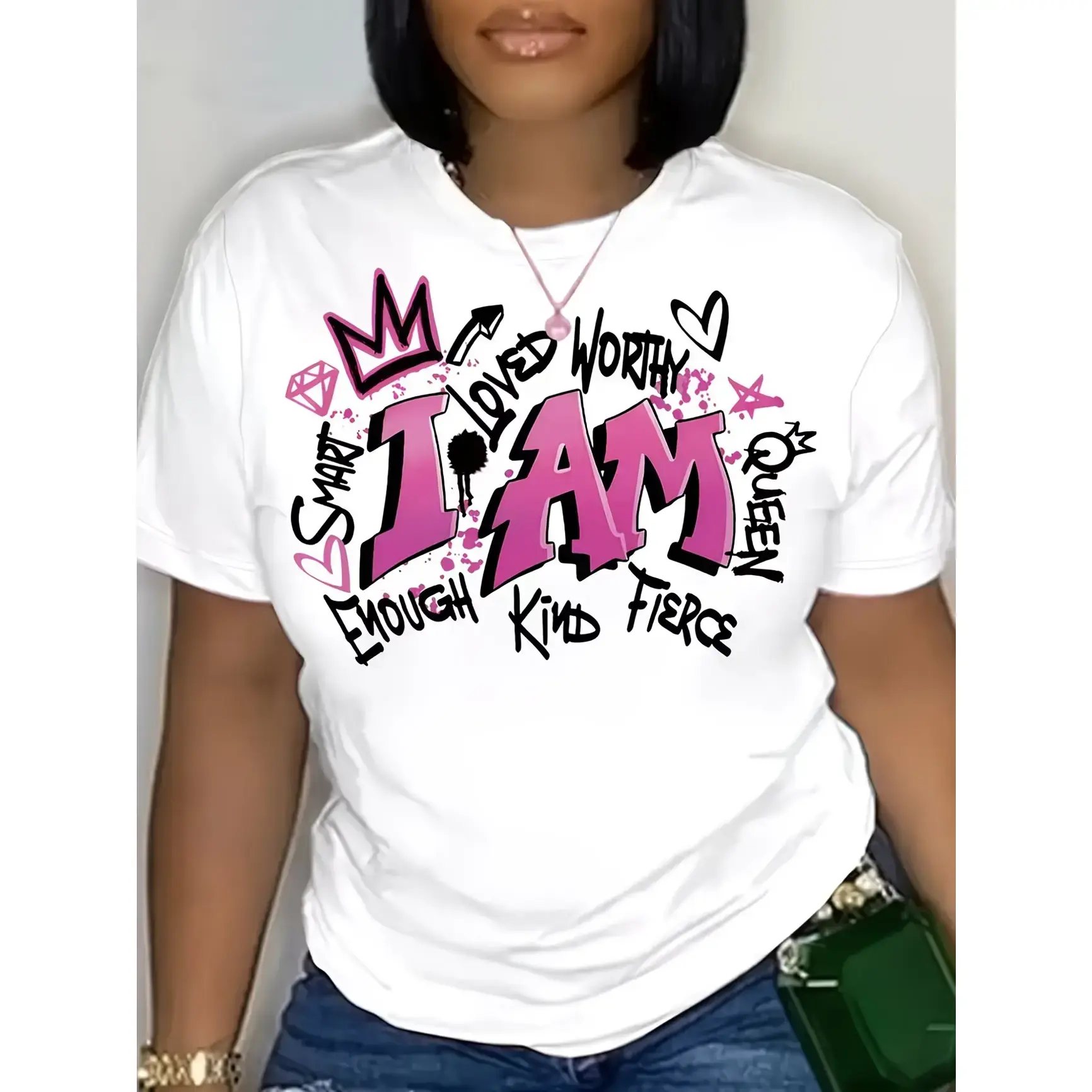 Plus Size Women's T-Shirt with Positive Affirmations Graphic, Comfort Fit Motivational Short Sleeve Top in Breathable Cotton Fabric for Everyday Wear, Shortsleeve, Simple, Loose, Round Neck, Soft, Tshirt