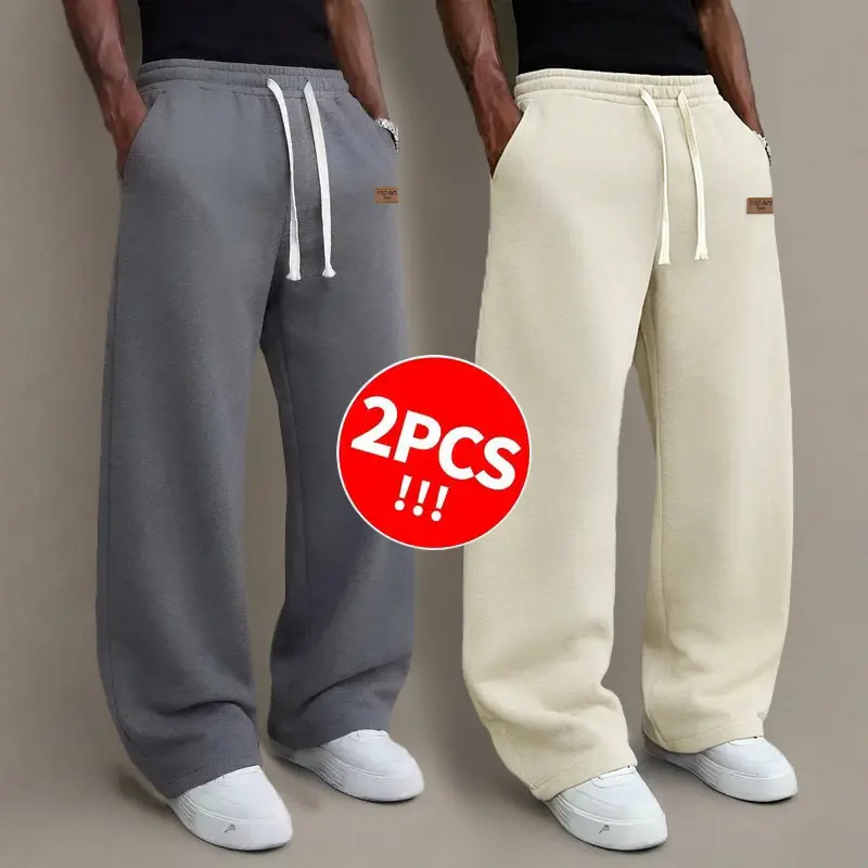 2pcs men’s solid color drawstring pants — autumn/winter style, comfortable and warm for everyday wear and commuting; minimalist design. Men's limited time flash sale. Men's Pants