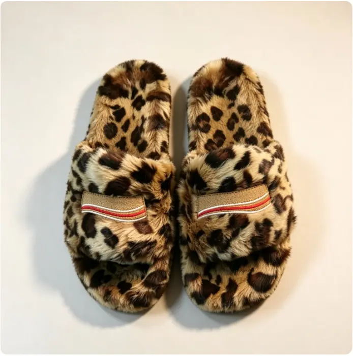 Women's Leopard Print Cotton Open-Toe Slippers, 2026 Unisex Outdoor Sports Slides with Built-In Plush for Foot Comfort, Casual Sports Footwear for Men and Women
