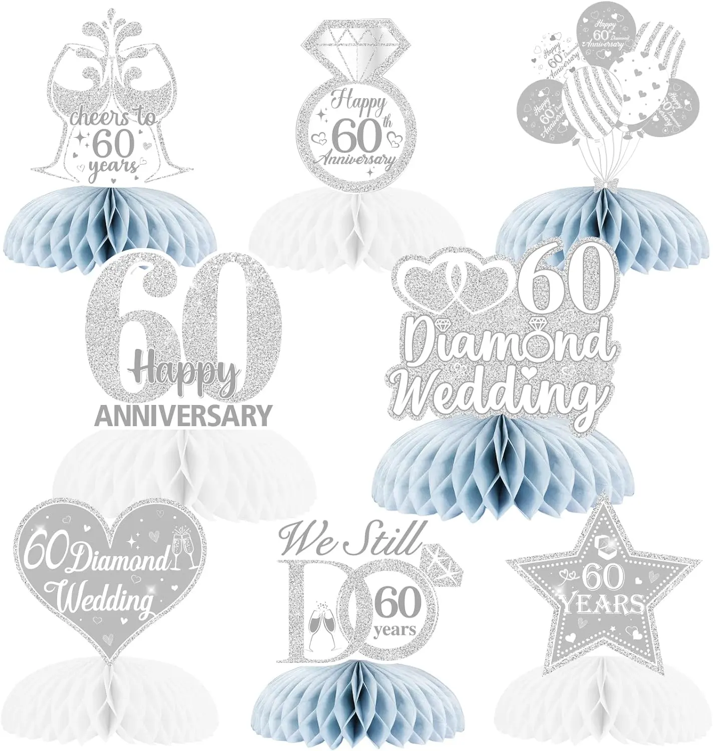 8Pcs Diamond Wedding Anniversary Table Decorations, Honeycomb Centerpieces Table Toppers Cheers to 60th Wedding Anniversary Honeycomb Table Topper for Happy Anniversary Decorations Romantic Colorful Ornaments