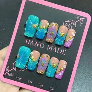 10 Pcs Luxury Handmade Press On Nails, 3D Sculpted Mermaid Ocean Design, Reusable Summer Beach Vibe Fake Nails, Handmade Presson Nails