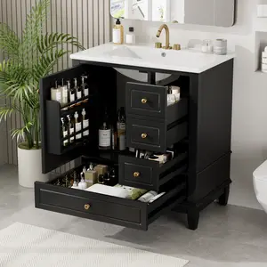 30" Under Mount Bathroom Vanity with Sink - 1 Door with Shelf, 3 Soft-Close Drawers