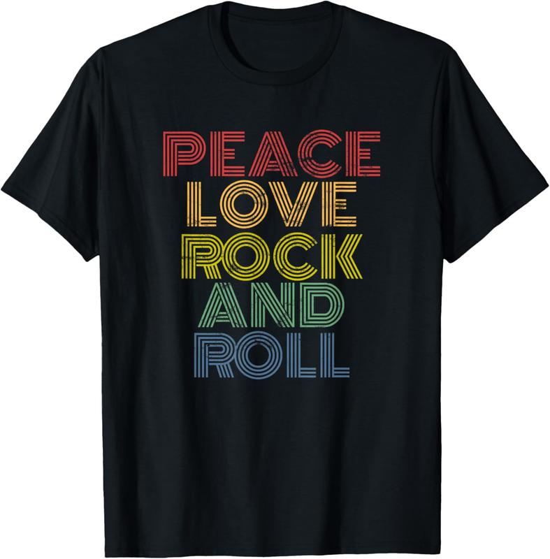100% cotton Peace Love Rock'n'Roll T-Shirt Distressed Rock Concert T-Shirt