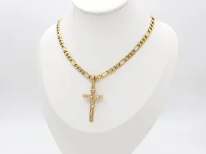 Gold Crucifix Necklace for Men, 4mm Round Figaro Chain, 14K Heavy Plated Gold, Pendant 43mm in Height 23mm in Width