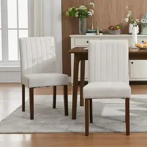 Garvee Set of 2 Upholstered Dining Chairs with Button Detailing, Wooden Legs, and Padded Seats. Modern Fabric Chairs Suitable for Dining Room, Kitchen, Farmhouse, Hotel, Living Room, or Bedroom in Beige and Gray Colors.
