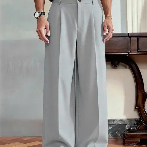 Men's Casual Versatile Solid Color Dress Pants with Unique Button Detail, Fitted Style, Suitable for Parties and Everyday Wear Clothing