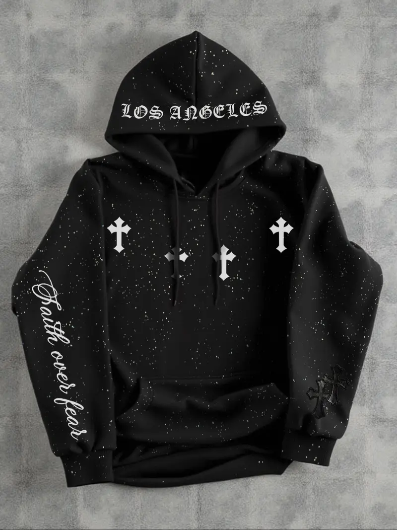 Men's Hooded Sweatshirt, Dark Gothic Cross Element Hooded Sweatshirt, Starry Sky Dyeing Process Pullover, Kangaroo Pocket,  Casual Regular Loose Drawstring Hooded Sweatshirt, Suitable For Daily Vacation Outdoor Wear, Fall Outfits & Winter Outfits