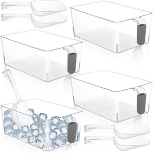 2 Set Ice Storage Bins for Freezer with Lid and Flexible Scoop, Transparent Plastic Ice Container with Pull-Out Handle Kitchen  Storage Organizer for  Office Fridge Kitchen