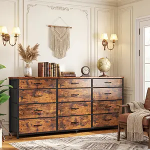 Raybee 55" Dresser for Bedroom with 12 Large Fabric Drawers, Entertainment Center for 60 inch TV, Storage Dresser & Chests of Drawers, Multi-Functional Organizer with Metal Frame & Wood Top, Space-Saving Furniture for Living Room, Rustic Brown