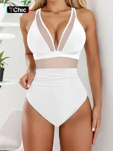 Women's Sexy Mesh Patchwork One-Piece Swimsuit, Summer Beach Vacation Fashion Swimwear, Ladies Stylish Monokini Bathing Suit