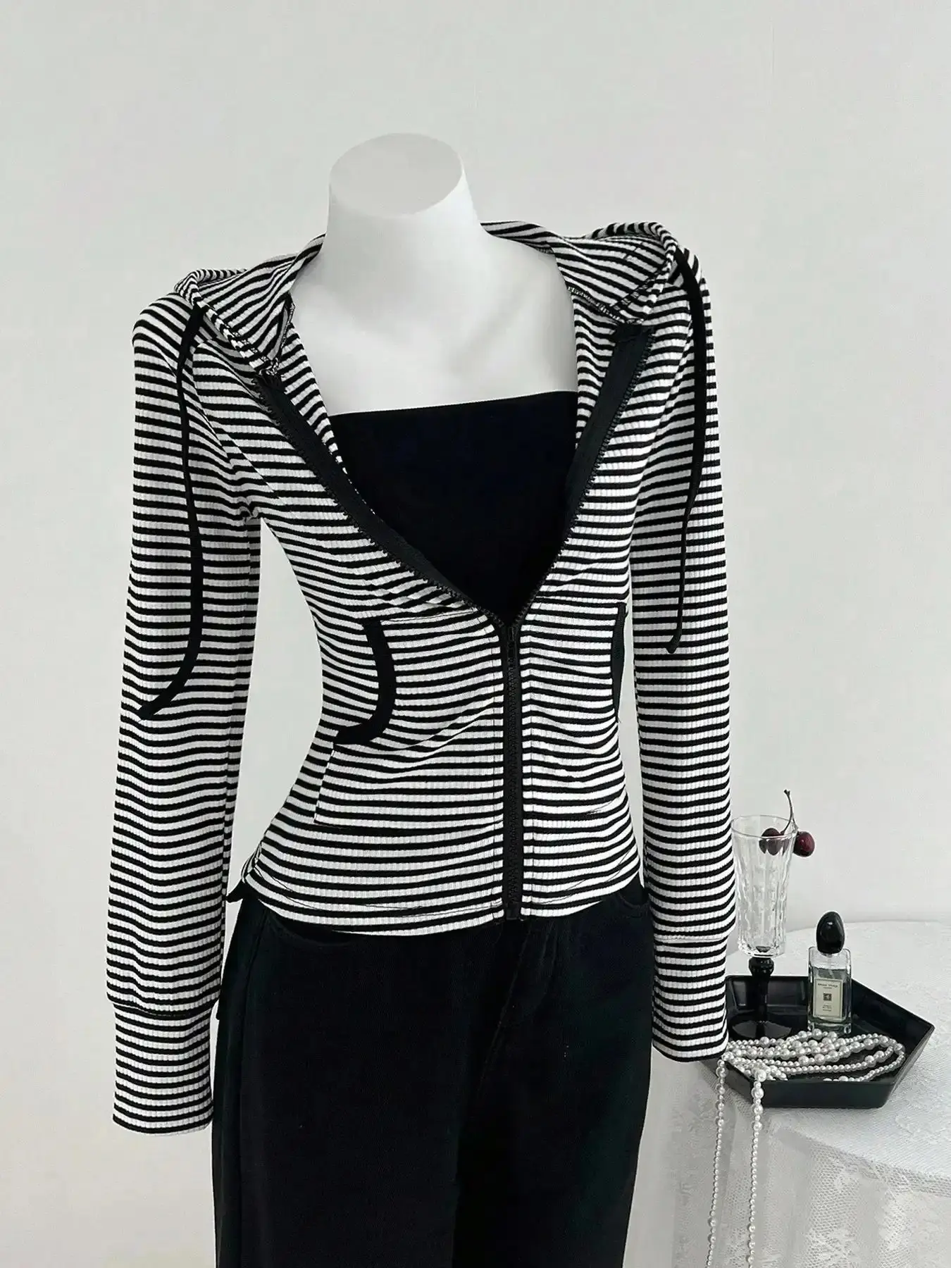 Spring Fall Striped Hooded Zipper Sweatshirt Long Sleeve Zip Up Casual Fitted Hoodie Women | Ribbed Knit Slim Fit Drawstring Hood Y2K Clean Girl Athleisure Top for Daily Yoga Gym Streetwear Womenswear essentials layering