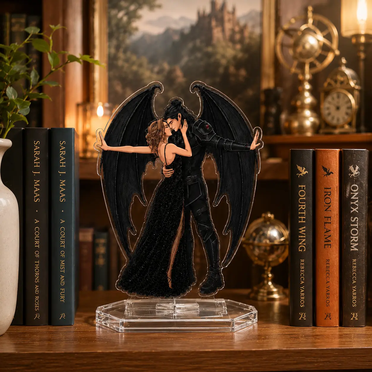 Dark Fantasy Romance Acrylic Standee, 2D Winged Warrior Couple Figurine, Aesthetic Bookshelf Decor