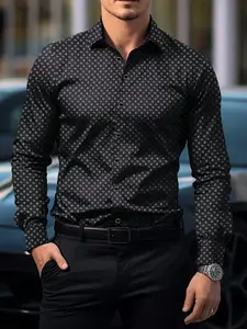 Men's Long Sleeve Button-Down Collared Fitted Dress Shirt, Geometric Print Pattern Design, Formal Office & Business Casual Wear, Perfect Gift for All Seasons
