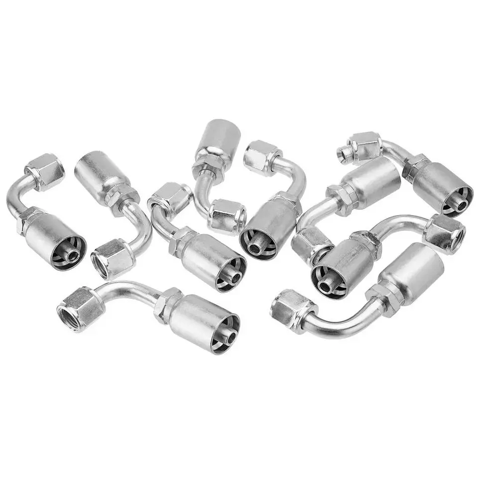 10-Pack Carbon Steel 90° Hydraulic Hose End Elbow Pipe Fittings, 1/4'' Hose x 1/4'' JIC 37° Female Weatherhead Fits, Leakproof Adapter, Heavy-Duty Adjustable Crimpers Car Repair Tool for Pressure Loss Prevention, Leakproof Hose Adapter
