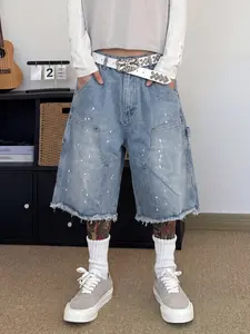Men's Loose Fit Denim Jeans Shorts, Casual Wide Leg Short Pants, High Street Faded Edge, Y2K Retro Hip Hop Style, Skateboard Streetwear