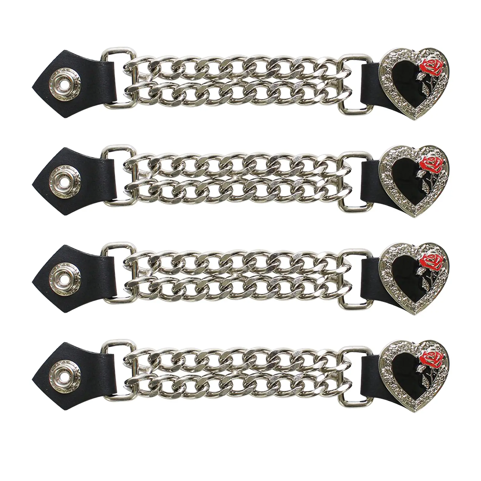 Dream Apparel W/ Steer Black/Red Heart and Rose Graphic Head Vest Extender With Double Chains for Women/Man, Faux Leather Motorcycle Biker Vest Extender - 4pcs Set