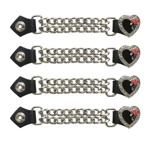 Dream Apparel W/ Steer Black/Red Heart and Rose Graphic Head Vest Extender With Double Chains for Women/Man, Faux Leather Motorcycle Biker Vest Extender - 4pcs Set