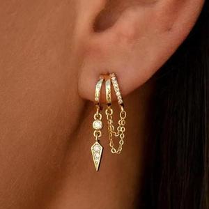 GANIA Gold Earrings for Women Triple Huggie Dainty Dangle Trendy Small Hoops Long Drop Chain Hypoallergenic Fashion