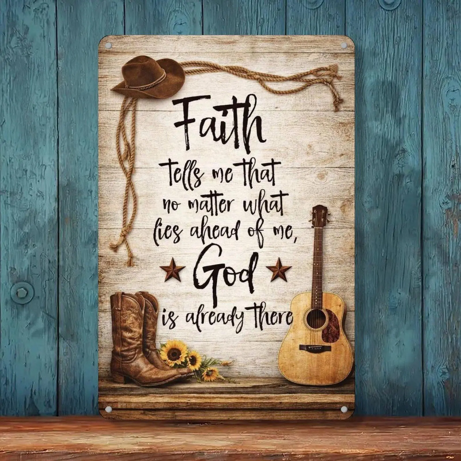 Western Cowboy Faith Guitar Sunflower Wooden Vintage Tin Sign 8x12in Country Christian Farm Wall Decor Metal Tin Sign