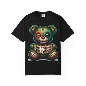 Smile Through the Pain Inspirational Smiling Stitched Teddy Bear Smile Through the Pain T-shirt | Short Sleeve Crewneck Graphic Tee