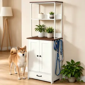 White Dog Feeding Station with Storage, 58" Tall Pet Food Cabinet with Pull-Out Bowls, Adjustable Shelves & Hooks, Elevated Dog Bowl Stand for Dogs Cats, 2-Level Shelving Pet Feeder Station