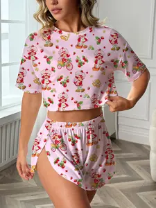 Women's Strawberry Girl Print Sleepwear Set, Casual Loose-Fitting Short Sleeve T-Shirt and Above Knee Shorts, Summer Comfortable Pyjamas