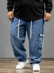 Plus Size 9XL (Size 62) Men's Stretch Cargo Jeans with Elastic Drawstring Waist – Durable Work Pants for Big & Tall Guys