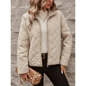 [Quilted Beige Jacket for Women] Quilted Beige Jacket for Women - Long Sleeve Zip-Up Coat with Stand-Up Collar, Front Zipper Closure, Warm Outerwear for Fall/Winter, Everyday & Formal Events - Easy-Care Women's Outerwear, Ladies W