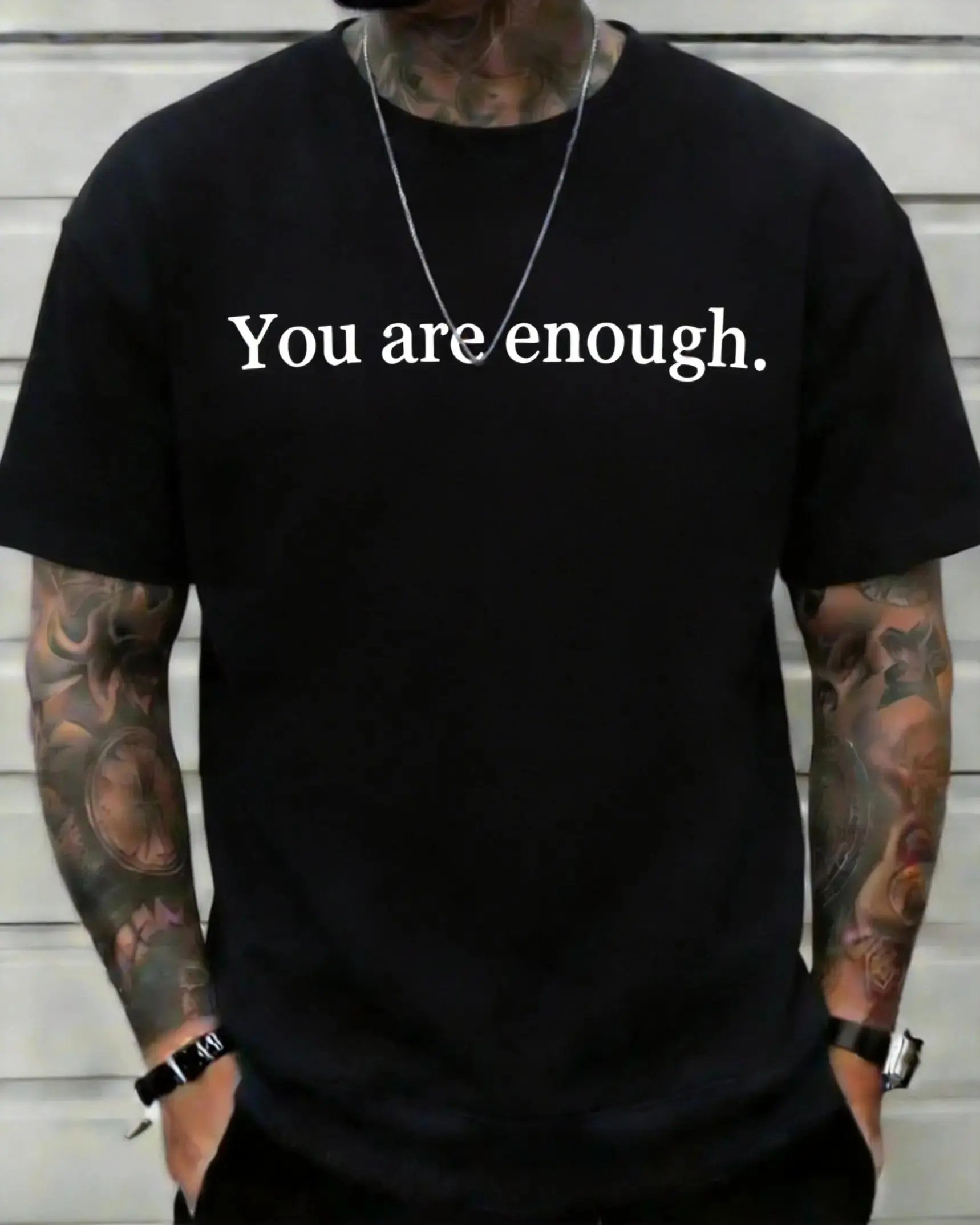 Men's Round Neck Slogan T-Shirt, Unisex Cotton Apparel, Minimalist "You Are Enough" Motivational Positive Affirmation, Casual Oversized Short Sleeve Fashion Top for Mental Health