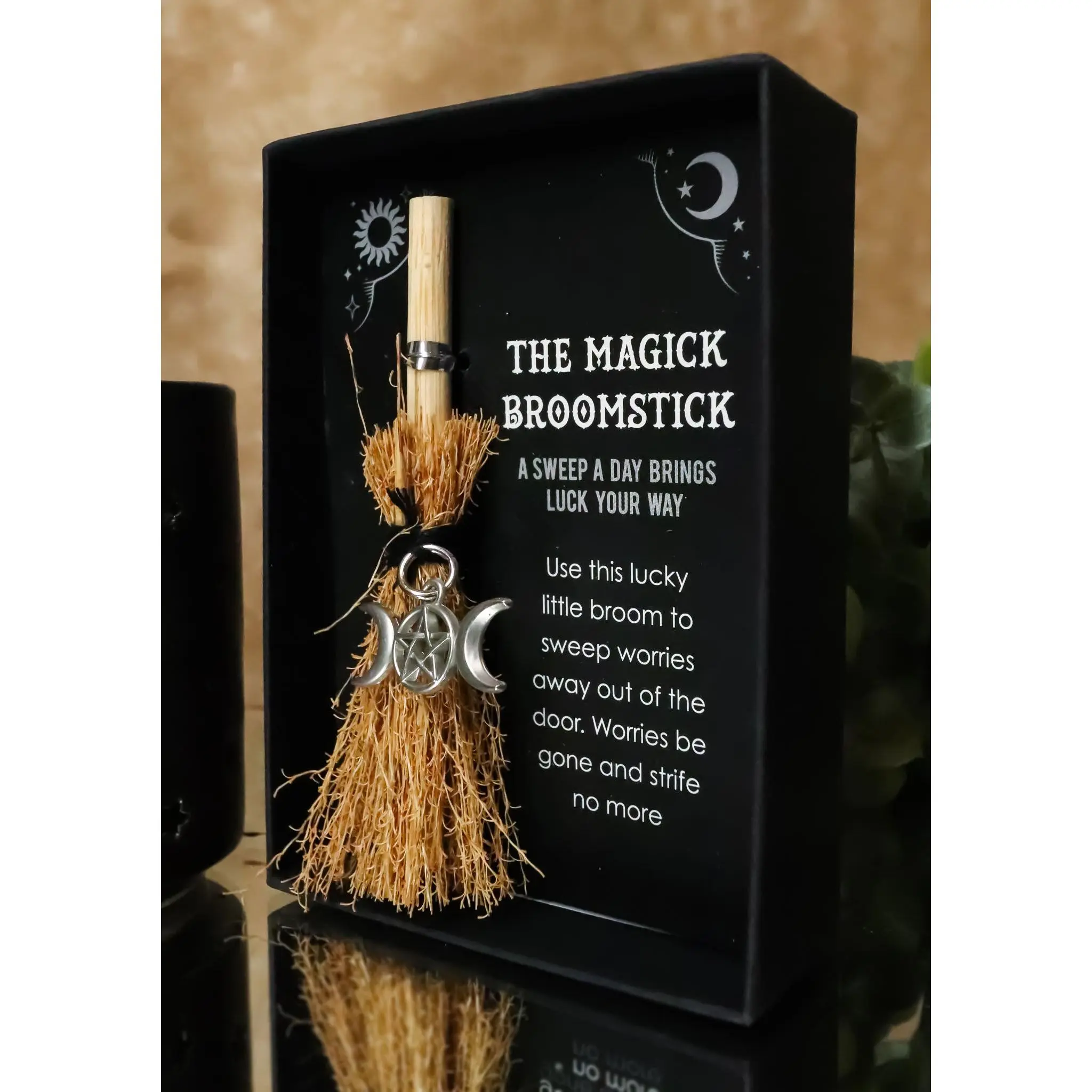 Wicca Witch Broom Magick Broomstick W/ Pentagram Triple Moon Pendant Lucky Charm