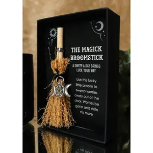 Wicca Witch Broom Magick Broomstick W/ Pentagram Triple Moon Pendant Lucky Charm
