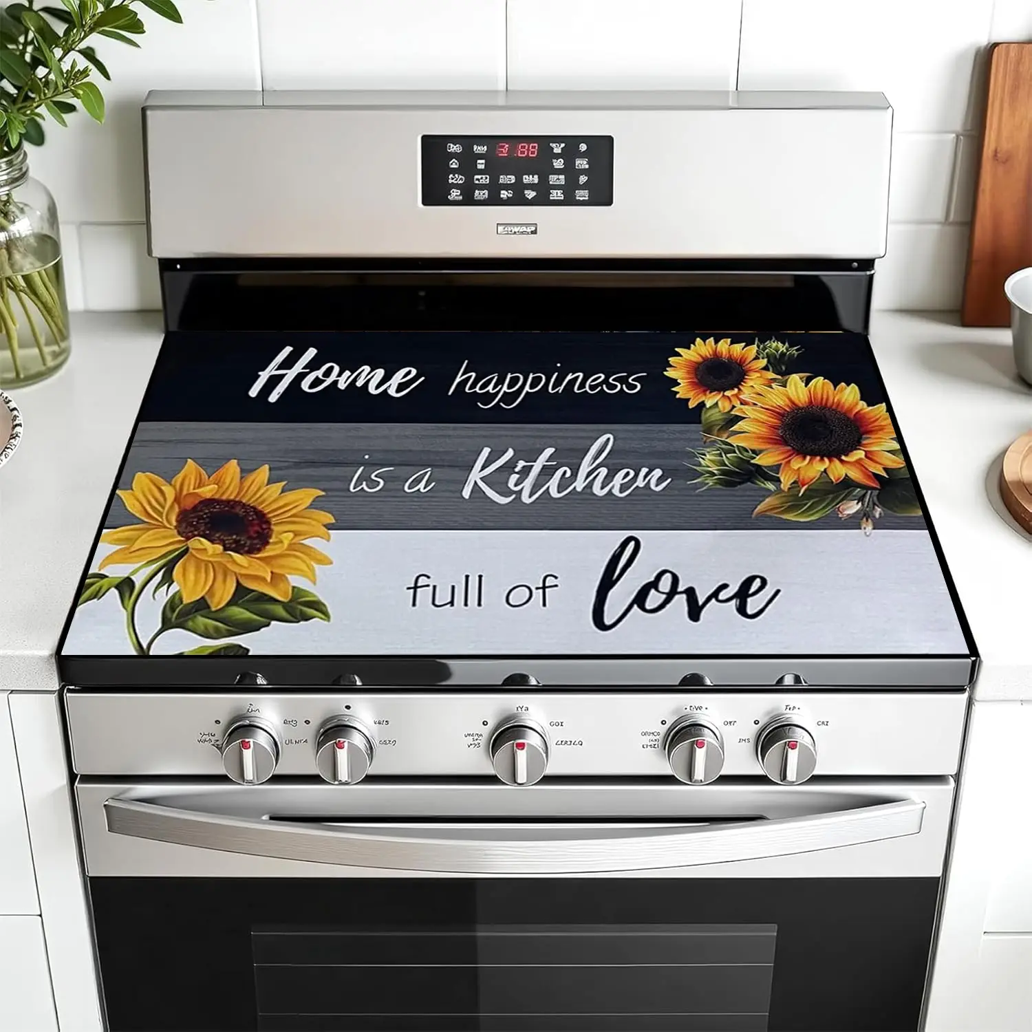 Wood Grain Heart Kitchen Sunflower Design Non-Slip Rubber Oven Mat, Stove Panel Protector, Easy Clean, Multi-Purpose Cooktop Cover, Kitchen Decorative Placemat