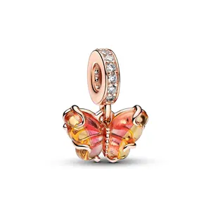 Pandora Pink and Yellow Murano Glass Butterfly Dangle 14K Rose Gold-Plated 782698C01